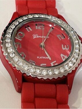 Geneva Watch Red Silicone Strap Silver Toned Face Rhinestones Vintage Retro